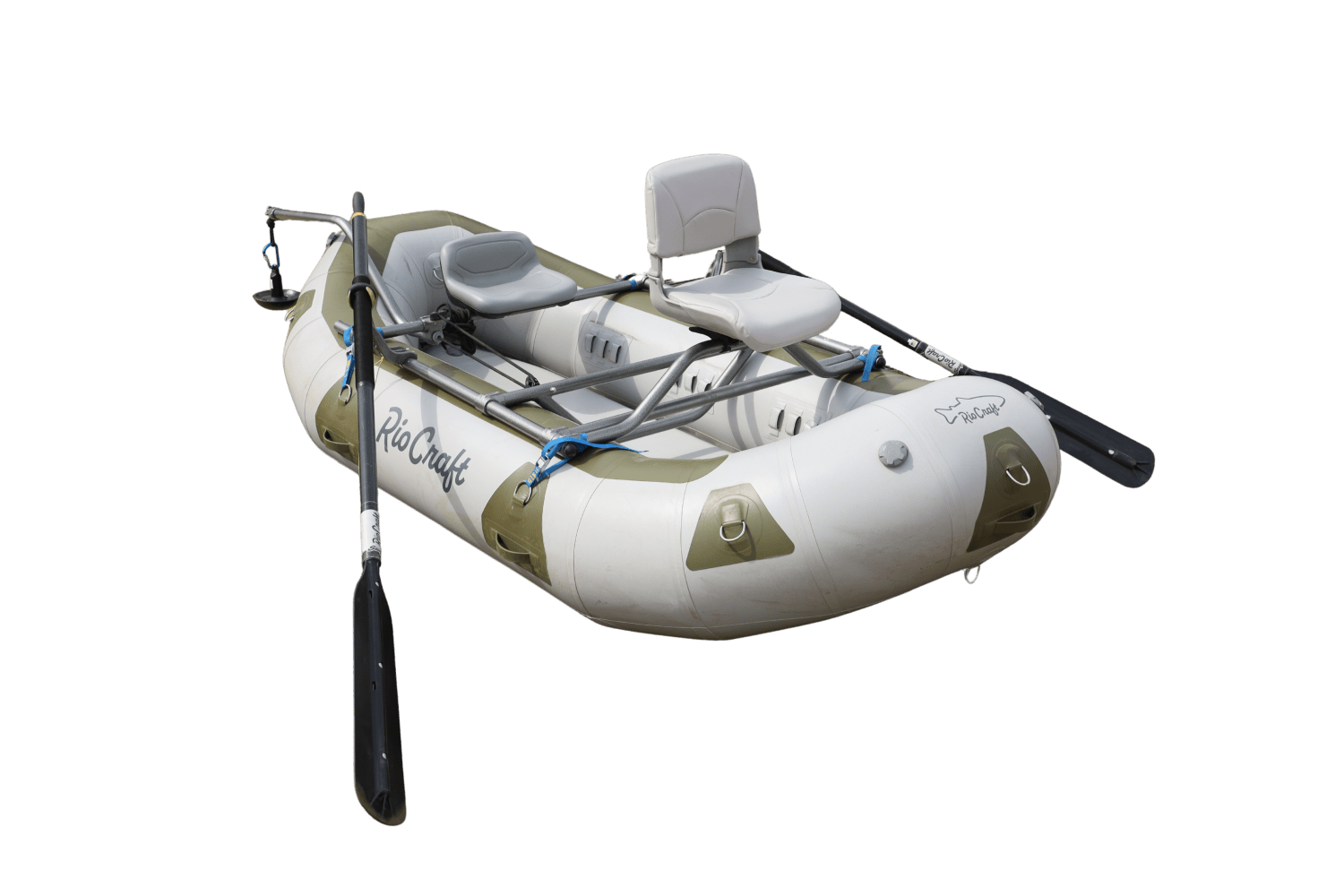 Inflatable 10.5ft fishing boat with two seats, an anchor, and oars